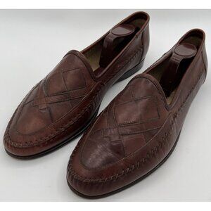 Santoni Italy Handwoven Stitched Brown Leather Penny Loafers Men Size 9D